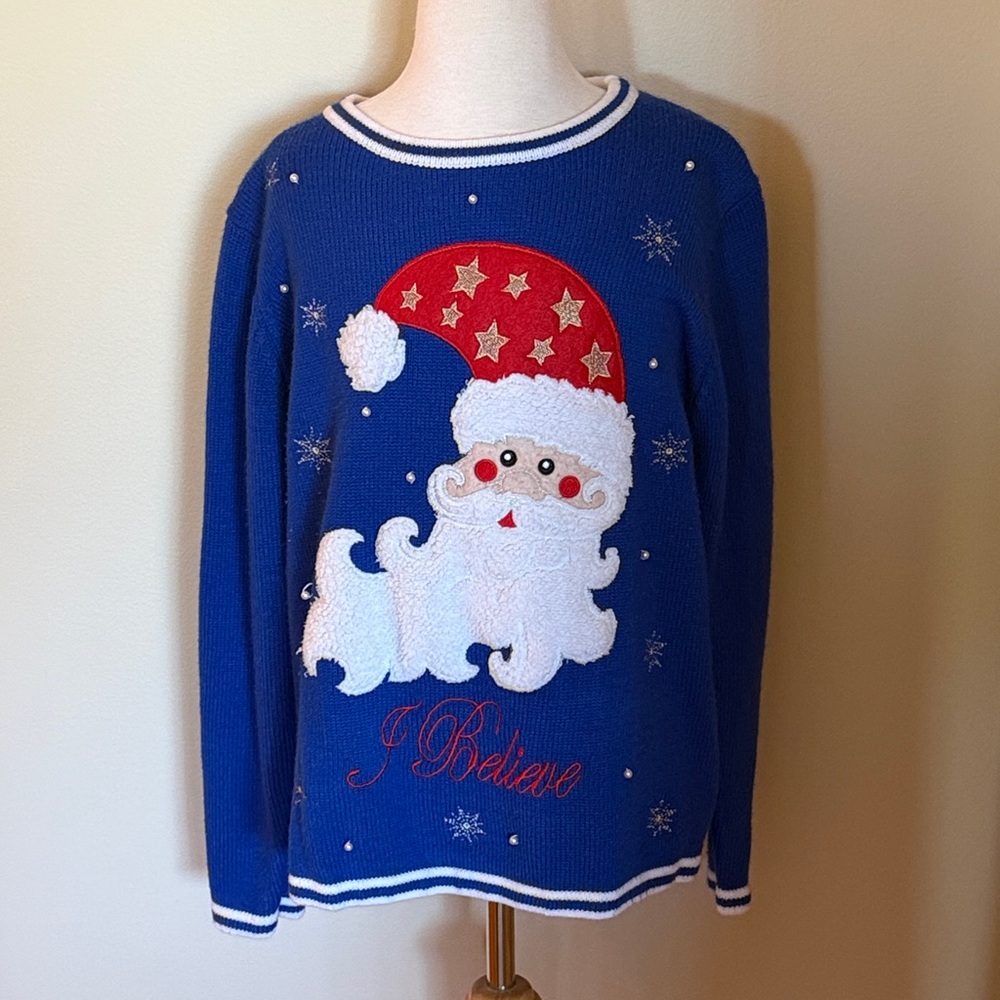 EUC~Woman’s Medium Ugly Blue Santa Christmas Sweater
